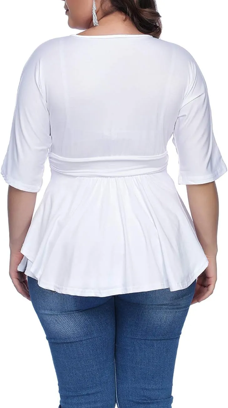 YOUNDI Women's Plus Size Blouse Sexy Deep V Neck Pleated Half Sleeve Ruched Promenade Tops