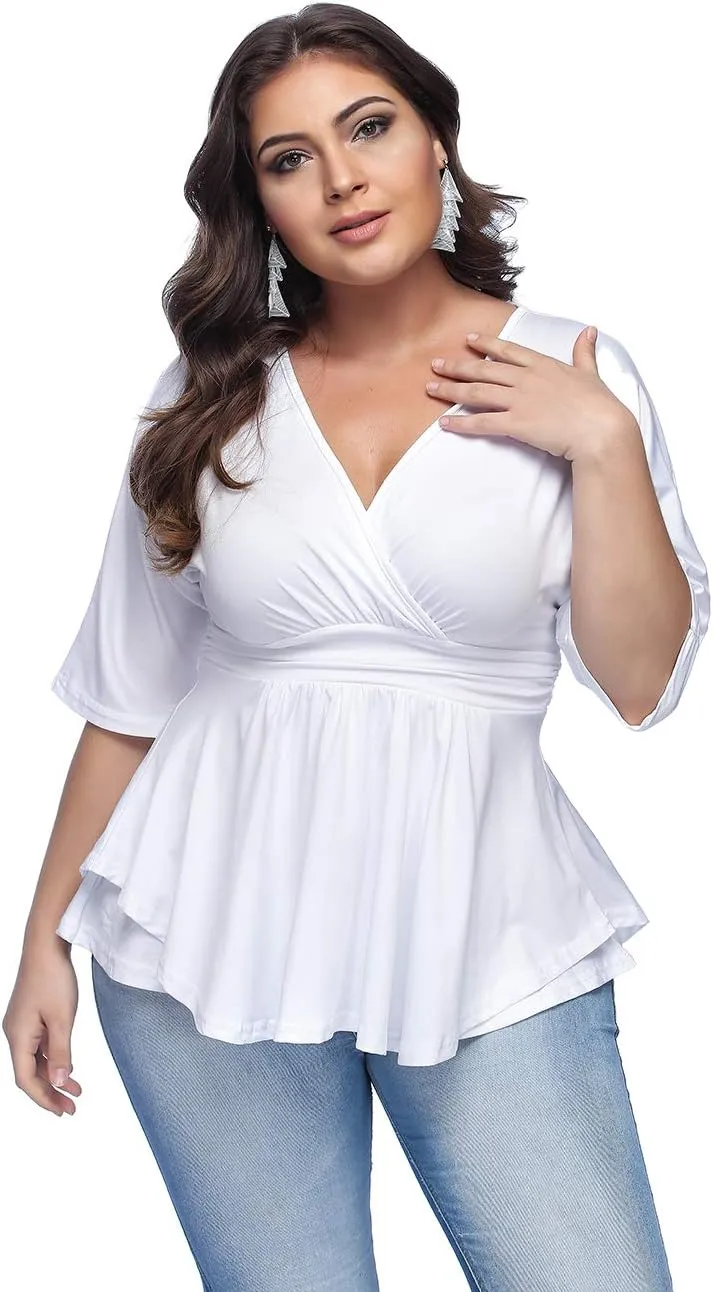 YOUNDI Women's Plus Size Blouse Sexy Deep V Neck Pleated Half Sleeve Ruched Promenade Tops