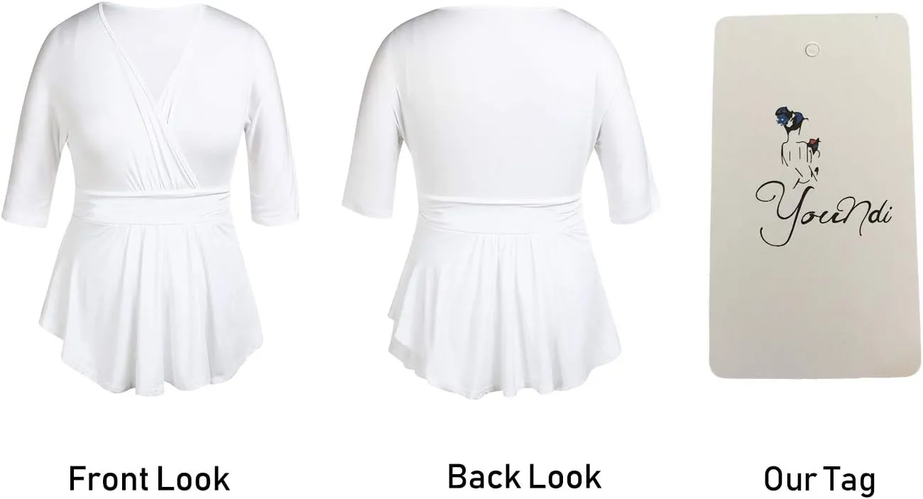 YOUNDI Women's Plus Size Blouse Sexy Deep V Neck Pleated Half Sleeve Ruched Promenade Tops