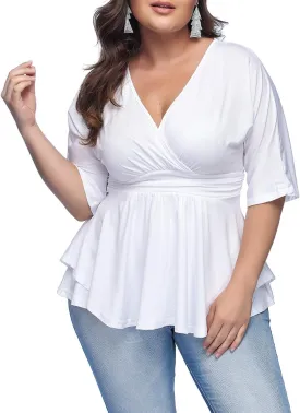 YOUNDI Women's Plus Size Blouse Sexy Deep V Neck Pleated Half Sleeve Ruched Promenade Tops