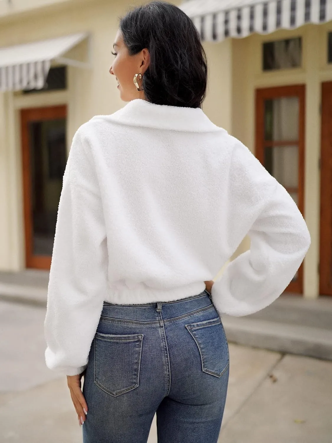 ZAFUL Women's Faux Fur Pullover Half Zip Long Sleeve Crop Sweatshirt Tops