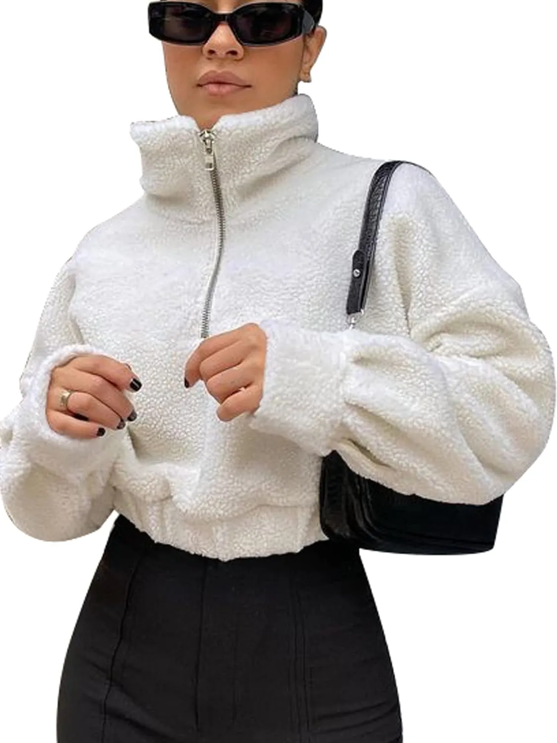 ZAFUL Women's Faux Fur Pullover Half Zip Long Sleeve Crop Sweatshirt Tops