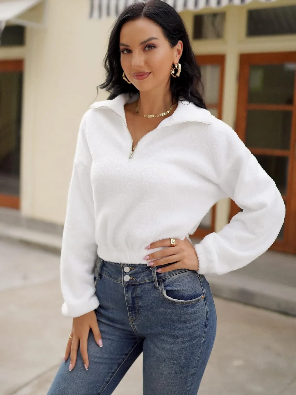ZAFUL Women's Faux Fur Pullover Half Zip Long Sleeve Crop Sweatshirt Tops