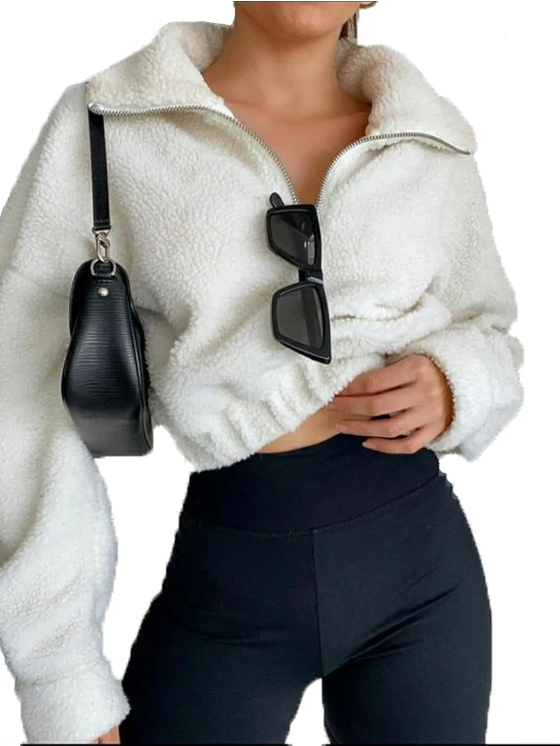 ZAFUL Women's Faux Fur Pullover Half Zip Long Sleeve Crop Sweatshirt Tops