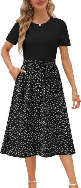 Zattcas Women 2025 Summer Dress Short Sleeve Ribbed Teacher Church Modest Business Casual Work Outfits Midi Dress