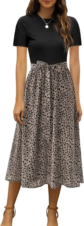 Zattcas Women 2025 Summer Dress Short Sleeve Ribbed Teacher Church Modest Business Casual Work Outfits Midi Dress