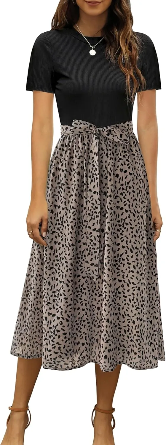 Zattcas Women 2025 Summer Dress Short Sleeve Ribbed Teacher Church Modest Business Casual Work Outfits Midi Dress