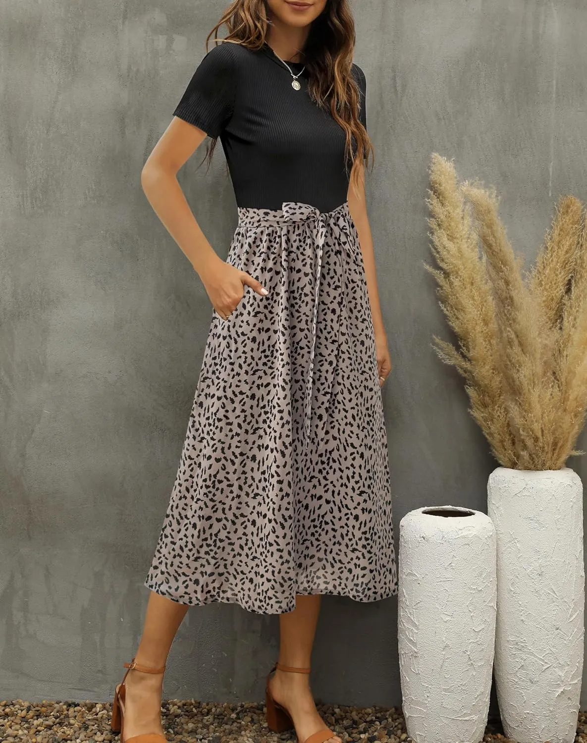 Zattcas Women 2025 Summer Dress Short Sleeve Ribbed Teacher Church Modest Business Casual Work Outfits Midi Dress