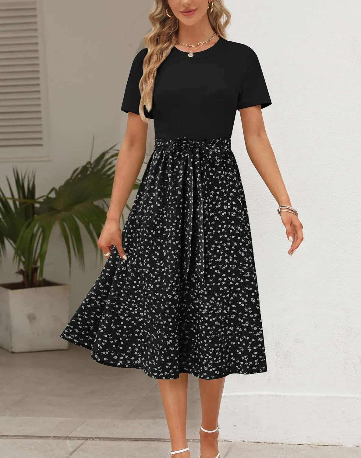 Zattcas Women 2025 Summer Dress Short Sleeve Ribbed Teacher Church Modest Business Casual Work Outfits Midi Dress