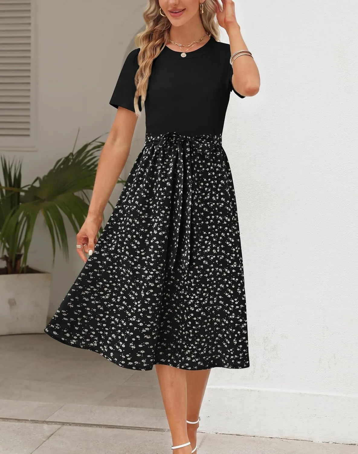 Zattcas Women 2025 Summer Dress Short Sleeve Ribbed Teacher Church Modest Business Casual Work Outfits Midi Dress
