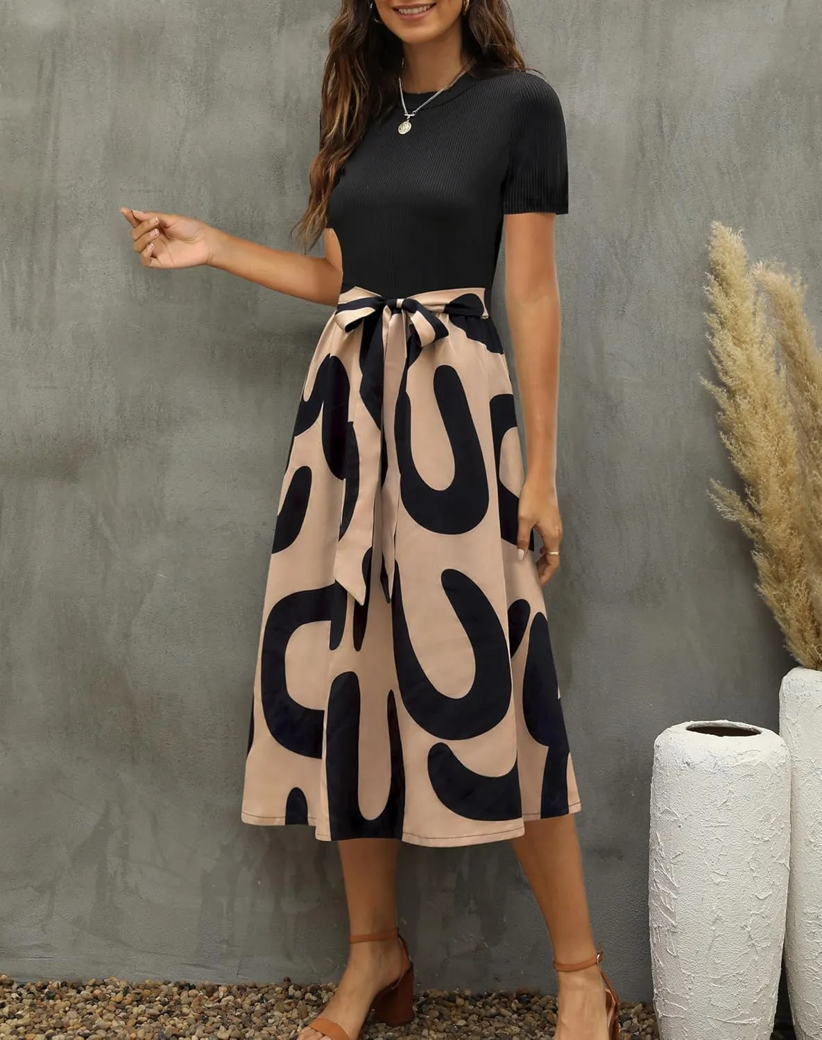 Zattcas Women 2025 Summer Dress Short Sleeve Ribbed Teacher Church Modest Business Casual Work Outfits Midi Dress