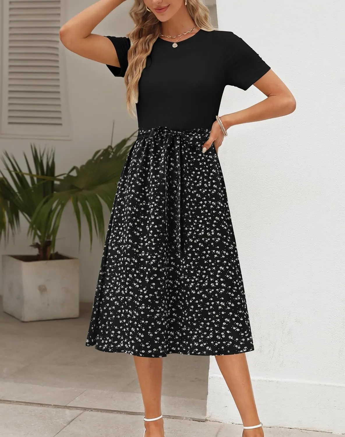 Zattcas Women 2025 Summer Dress Short Sleeve Ribbed Teacher Church Modest Business Casual Work Outfits Midi Dress