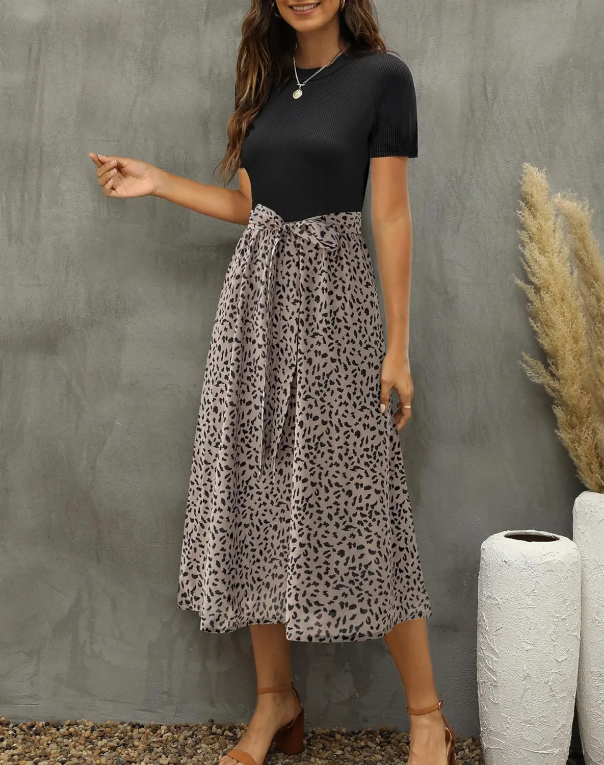 Zattcas Women 2025 Summer Dress Short Sleeve Ribbed Teacher Church Modest Business Casual Work Outfits Midi Dress