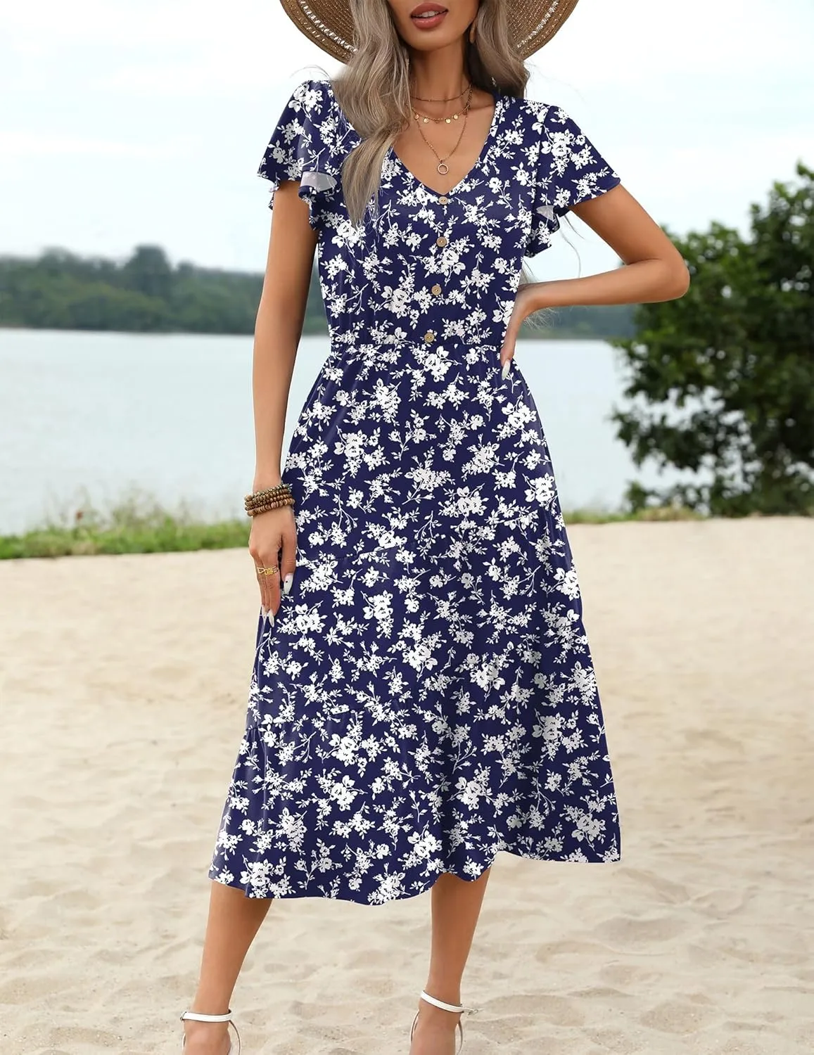Zeagoo Women's Summer Casual Dress Flutter Short Sleeve V Neck Button Down Tiered Flowy Long Dress with Pockets