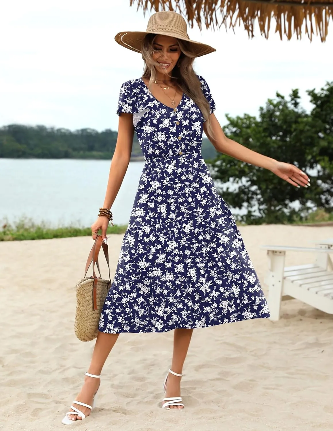 Zeagoo Women's Summer Casual Dress Flutter Short Sleeve V Neck Button Down Tiered Flowy Long Dress with Pockets