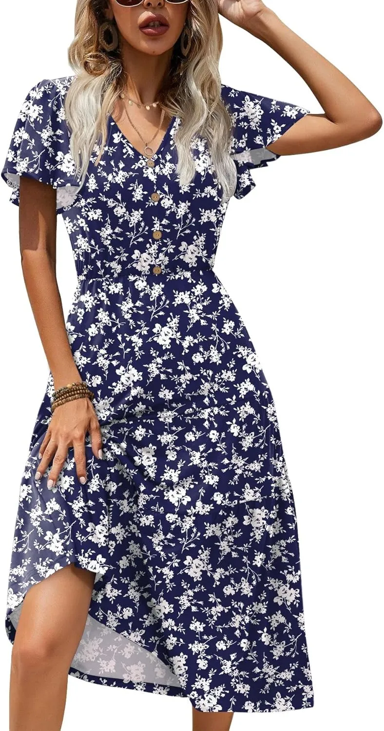 Zeagoo Women's Summer Casual Dress Flutter Short Sleeve V Neck Button Down Tiered Flowy Long Dress with Pockets