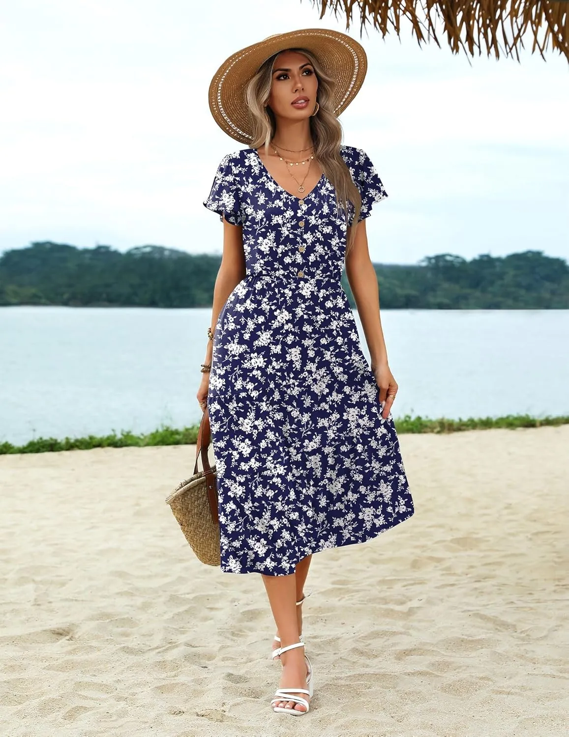 Zeagoo Women's Summer Casual Dress Flutter Short Sleeve V Neck Button Down Tiered Flowy Long Dress with Pockets