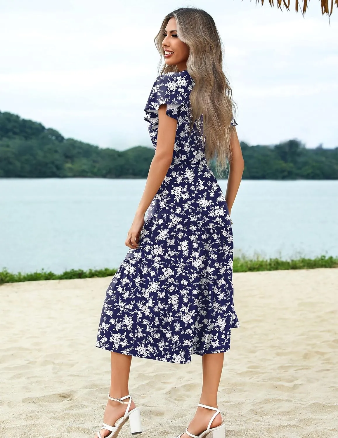 Zeagoo Women's Summer Casual Dress Flutter Short Sleeve V Neck Button Down Tiered Flowy Long Dress with Pockets