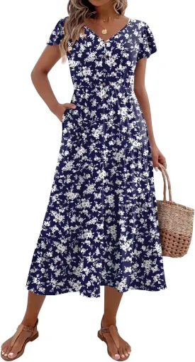 Zeagoo Women's Summer Casual Dress Flutter Short Sleeve V Neck Button Down Tiered Flowy Long Dress with Pockets
