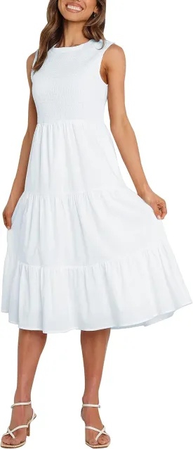 ZESICA Women's Summer Casual Sleeveless Crew Neck Smocked High Waist Flowy Tiered A Line Midi Dress